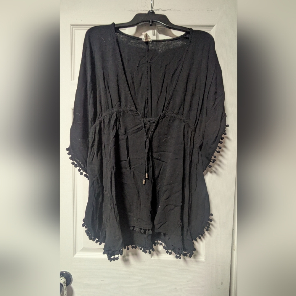 Black Swim Coverup with Pom-Pom Trim
